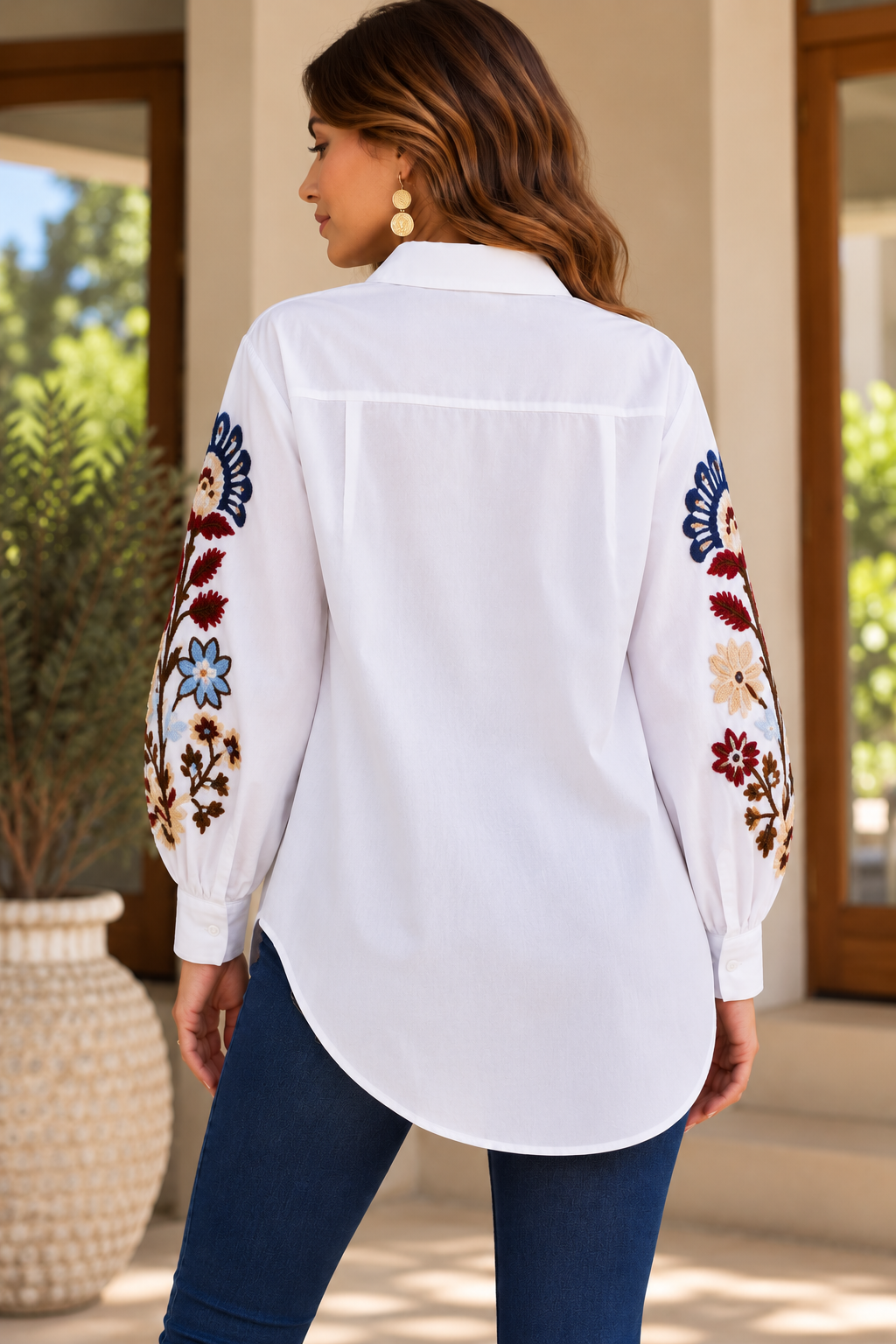 Chemise femme blanche en coton à manches brodées – PUSHPA