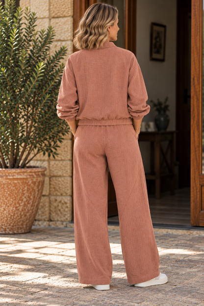 Ensemble femme veste zippée et pantalon ample en coton Quercia – SAHAJA
