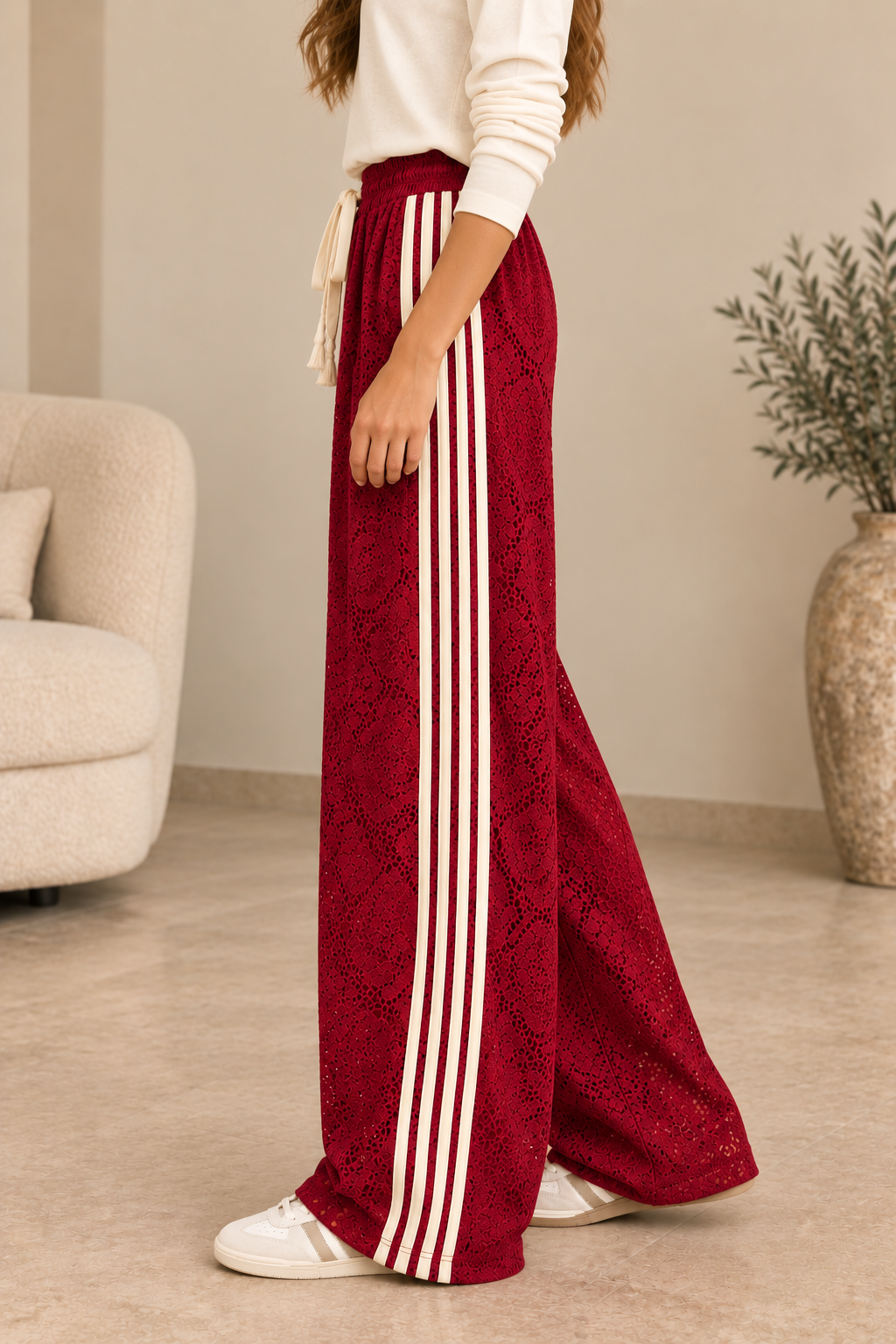 Pantalon femme large en dentelle bordeaux – RASA
