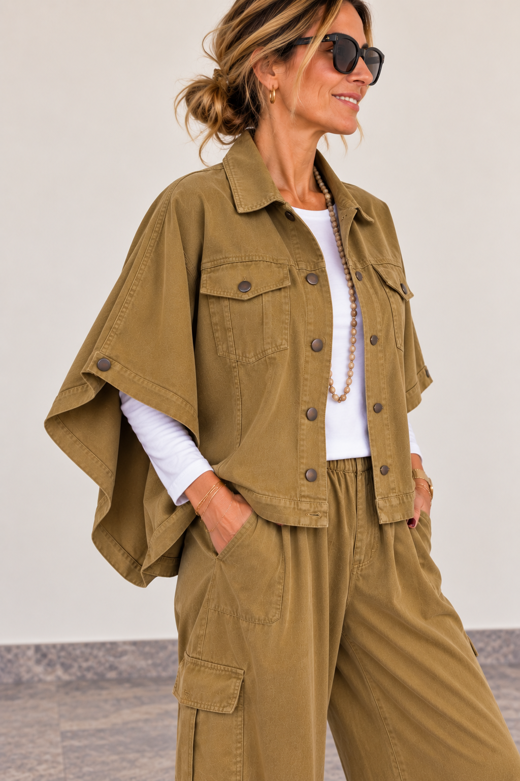 Veste-cape femme style jean 100 % coton Olive / Palude – ANANDA