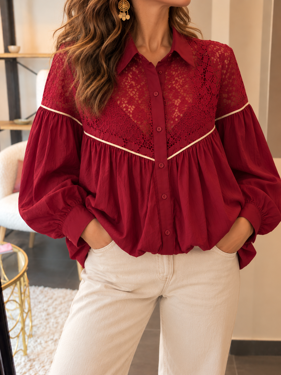 Chemise femme bohème en dentelle vin rouge – RASA