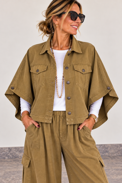 Veste-cape femme style jean 100 % coton Olive / Palude – ANANDA