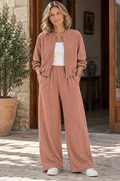 Ensemble femme veste zippée et pantalon ample en coton Quercia – SAHAJA